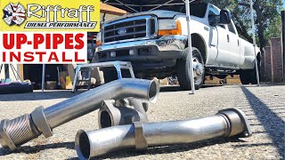 2001 F350 73  RiffRaff UpPipes Install  Stock up pipes leaking and falling apart JUNK SP [upl. by Shu929]